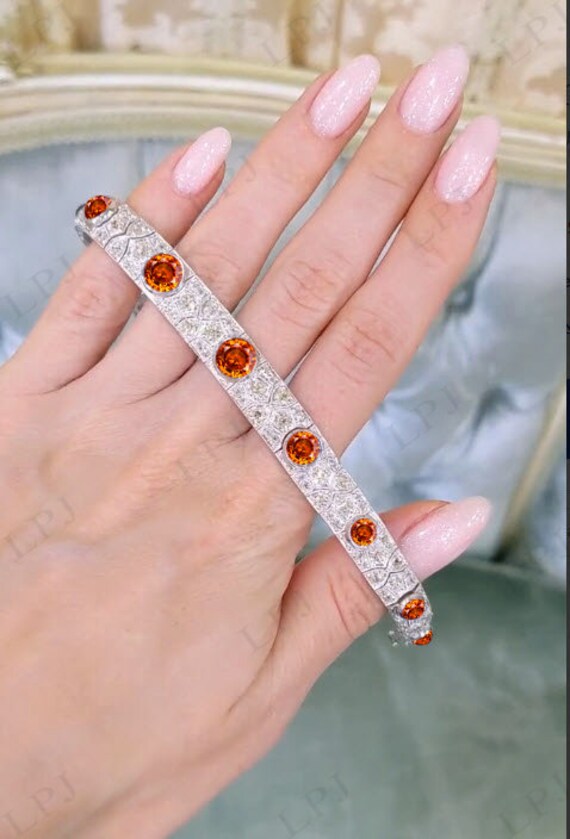 Orange Sapphire Tennis Bracelet Rose Gold Bracelet Vintage Orange