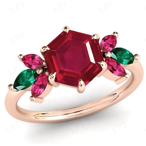 14k Gold Ruby Engagement Ring Art Deco Cluster Bridal Ring For Women Unique Ruby Gemstone Ring Hexagon Cut Ruby Wedding Ring Gift For Women