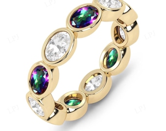 Art Deco Bezel Set White Topaz Wedding Band For Women 14K Gold Mystic Topaz Full Eternity Band Vintage East West Wedding Band Gift For Women
