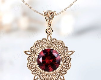 Natural Garnet Pendant For Women Art Deco Milgrain Design Pendant Rose Gold Garnet Wedding Pendant Vintage Filigree Style Pendant For Her