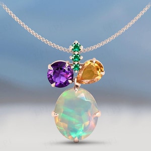 Vintage Opal Pendant For Women Unique Multi Gemstone Pendant Rose Gold Necklace Oval Shaped Opal Wedding Pendant Women Statement Pendant
