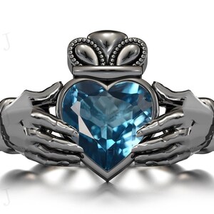 London Blue Topaz Engagement Ring For Women 925 Silver Claddagh Style Ring Antique Art Deco Blue Topaz Wedding Ring Heart Shaped Bridal Ring