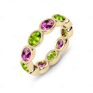 East West Pink Tourmaline Eternity Wedding Band For Women Unique Multi Color Gemstone Band 925 Silver Peridot Bridal Promise Band For Her