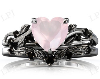 Vintage Rose Quartz Engagement Ring Set 925 Silver Pink Quartz Heart Shaped Wedding Ring Set Art Deco Vine Leaf Ring Set Anniversary Gift