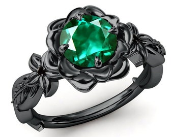 Unique Emerald Lotus Engagement Ring Art Deco Floral Wedding Ring Rose Gold Emerald Lotus Leaf Bridal Promise Ring Anniversary Gift For Her