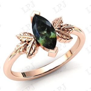 Art Deco Moldavite Engagement Ring Vintage Moldavite Leaf Wedding Ring Rose Gold Moldavite Women Anniversary Ring Unique Bridal Promise Ring
