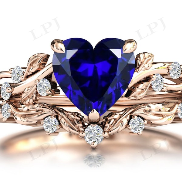 Art Deco Blue Sapphire Engagement Ring Set For Women 14k Gold Blue Sapphire Wedding Ring Set Hear Shaped Blue Sapphire Bridal Ring Set