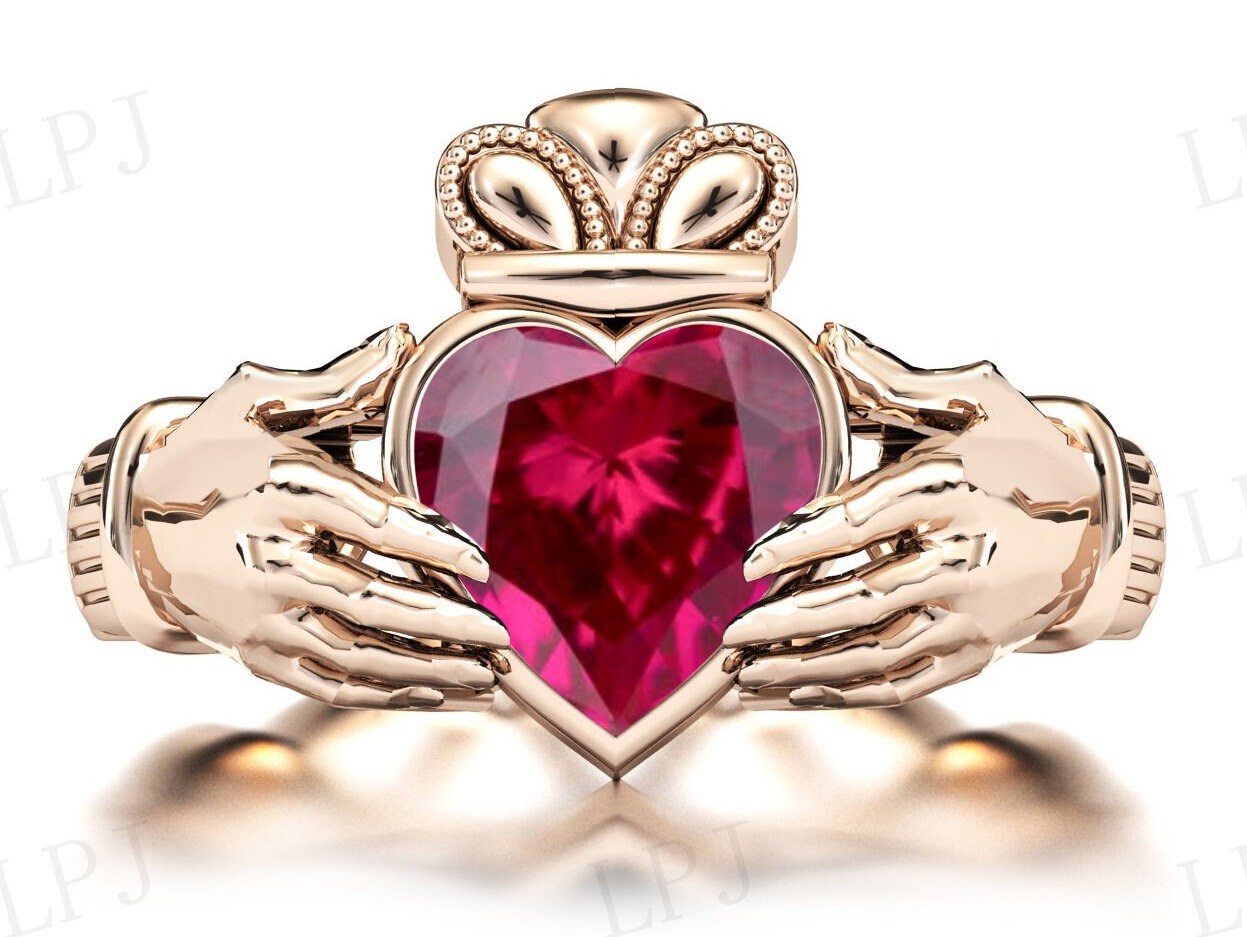 Heart Shaped Ruby Engagement Ring Art Deco Claddagh Style Ring 14k Gold ...