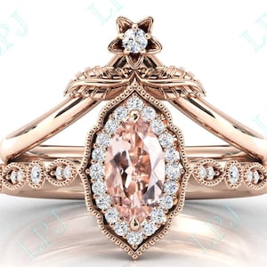 Marquise Morganite Engagement Ring Set Art Deco Unique Rose Gold Morganite Wedding Ring Set Women Morganite Halo Bridal Annivrsary Ring Set