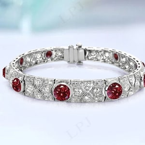 Vintage Malaya Garnet Tennis Bracelet For Women Antique Wedding Bracelet 925 Sterling Silver Bracelet Art Deco Style Bracelet Gift For Women