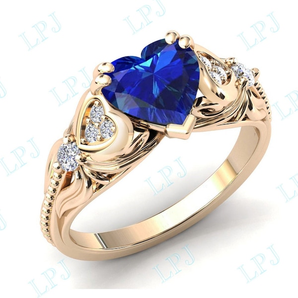 Heart Shaped Blue Sapphire Engagement Ring For Women Vintage Art Deco Blue Sapphire Wedding Ring Heart Shape Blue Gemstone Ring For Women