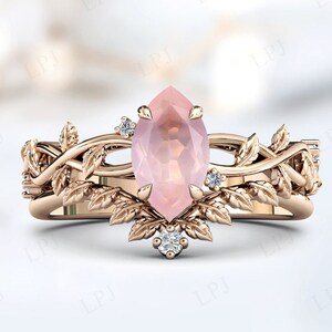 Art Deco Rose Quartz Engagement Ring Set Vine Leaf Design Wedding Ring Set Marquise Cut Rose Quartz 2 Piece Bridal Ring Set Gift For Women