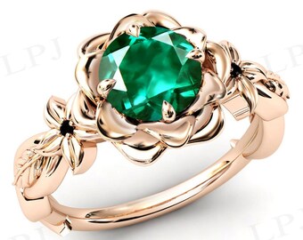 Art Deco Emerald Engagement Ring Unique Lotus Wedding Ring 14k Gold Emerald Flower Bridal Ring For Her Vintage Floral Style Engagement Ring