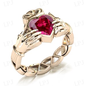 Heart Shaped Ruby Engagement Ring Art Deco Claddagh Style Ring 14k Gold ...