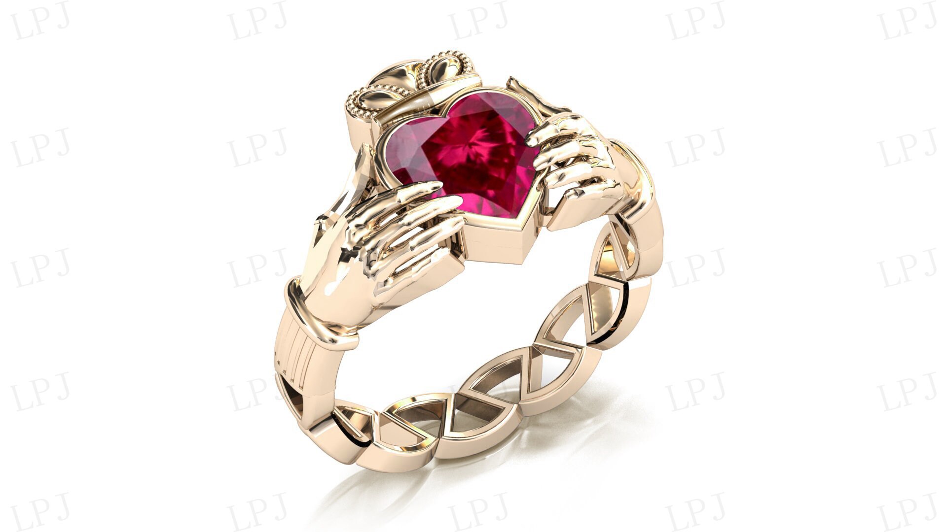 Heart Shaped Ruby Engagement Ring Art Deco Claddagh Style Ring 14k Gold ...