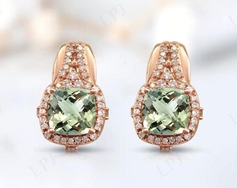 Green Amethyst Halo Earrings For Women Vintage Cushion Cut Amethyst Wedding Earrings Antique Green Gemstone Earrings Unique Stud Earrings