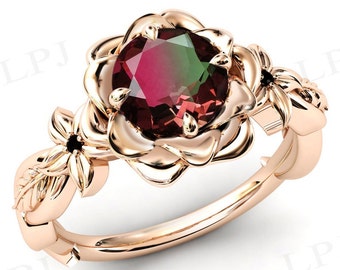Watermelon Tourmaline Lotus Engagement Ring Vintage Lotus Leaf Ring 14k Gold Multi Color Tourmaline Wedding Ring Unique Anniversary Ring