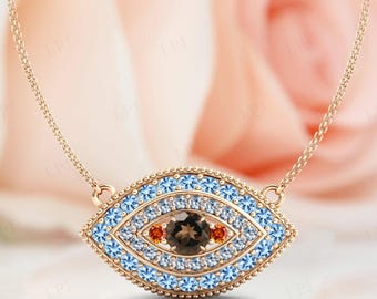 Smoky Quartz Evil Eye Pendant For Women Unique Multi Gemstone Pendant 925 Silver Smoky Quartz Handmade Pendant Art Deco Wedding Necklace
