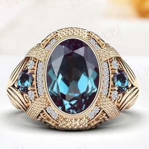 Anel de noivado vintage de alexandrite, anel de sinete de ouro 14k para homens, anel exclusivo feito à mão, antigo, arte decoração
