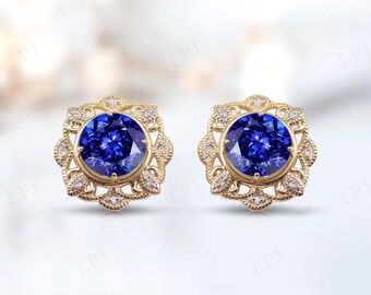 Orecchini a bottone in tanzanite per donna, orecchini floreali in stile Art Déco, orecchini vintage con pietre preziose blu, orecchini da sposa in tanzanite unici, regalo di anniversario
