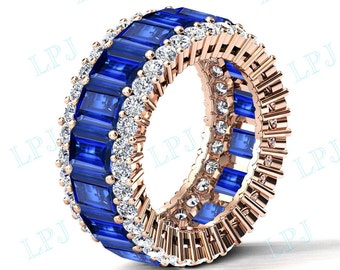 Emerald Cut Tanzanite Wedding Band For Women Sterling Silver Tanzanite Eternity Engagement Band Blue Gemstone Ring Unique Anniversary Band