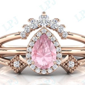 Tear Drop Pink Morganite Engagement Ring Set 14k Gold Pink Morganite Art Deco Wedding Ring Pear Cut Pink Morganite Bridal Anniversary Ring