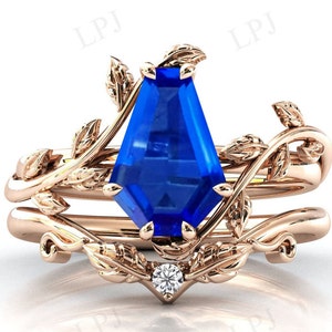Art Deco Coffin Shaped Tanzanite Engagement Ring Set For Women Blue Gemstone Wedding Ring Set Leaf Design Ring Set Unique Anniversary Gift