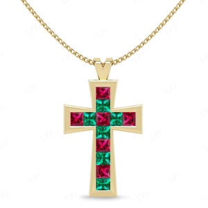 Unique Multi Gemstone Holy Cross Pendant Bezel Set Ruby Pendant Rose Gold Emerald Unisex Statement Pendant Princess Cut Pendant Gift For Him