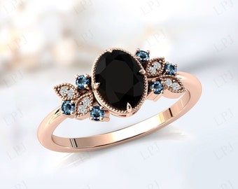 Vintage Black Onyx Engagement Ring For Women 14k Rose Gold Black Onyx Wedding Ring Art Deco Black Gemstone Ring Unique Bridal Promise Ring