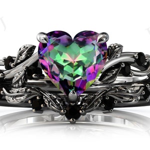Bio Color Mystic Topaz Engagement Ring Set For Women 925 Silver Mystic Topaz Bridal Wedding Ring Set Heart Shaped Mystic Topaz Leaf Ring Set
