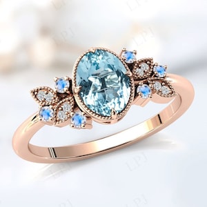 Antique Aquamarine Engagement Ring Art Deco Aquamarine Wedding Ring For Women Oval Shaped Aquamarine Bridal Ring Unique Anniversary Ring
