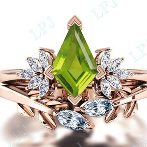 Kite Shaped Peridot Engagement Ring Set Vintage Peridot Wedding Promise Ring Set Women Art Deco Peridot 14k Gold Bridal Anniversary Ring Set