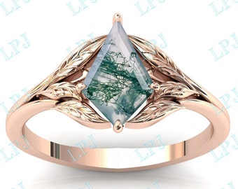 Kite Shaped Moss Agate Bridal Ring 14k Gold Moss Agate Leaf Engagement Ring Antique Bridal Promise Ring Unique Anniversary Ring For Women