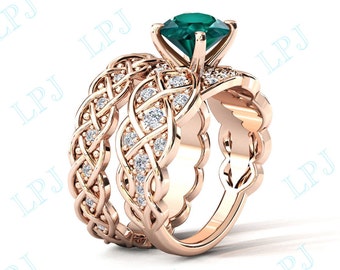 Infinity Style Emerald Engagement Ring Set For Women Art Deco Vintage Emerald Wedding Ring Set 14k Gold Emerald Bridal Anniversary Ring