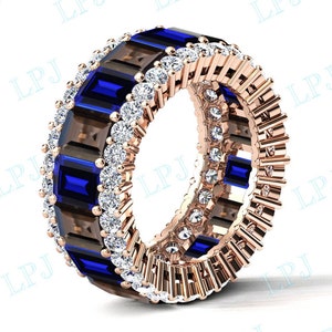 Emerald Cut Smoky Quartz Engagement Band Unique Multi Gemstone Band Art Deco Full Eternity Bridal Band 925 Silver Blue Sapphire Wedding Band