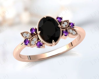 Vintage Black Onyx Engagement Ring For Women Art Deco Black Onyx Wedding Ring Antique Bridal Ring 14k Rose Gold Balck Onyx Engagement Ring