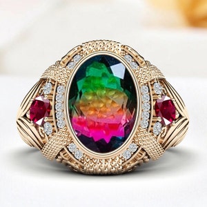 One Of A Kind- Vintage Multi Color Tourmaline Signet Ring For Men Art Deco Multi Color Gemstone Ring Unique Men Ring 14k Gold Statement Ring