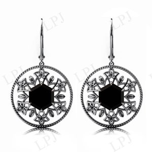Hexagon Shaped Black Onyx Earrings For Women Rose Gold Black Gemstone Earrings Art Deco Earrings Antique Floral Earrings Vintage Earrings