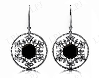 Hexagon Shaped Black Onyx Earrings For Women Rose Gold Black Gemstone Earrings Art Deco Earrings Antique Floral Earrings Vintage Earrings