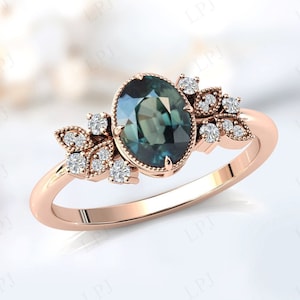 Color Changing Teal Sapphire Engagement Ring Antique Wedding Ring 14k Rose Gold Teal Sapphire Bridal Ring Art Deco Engagement Ring For Women