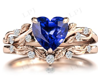Vintage Tanzanite Engagement Ring Set For Women 14k Gold Tanzanite Art Deco Antique Leaf Wedding Ring Set Heart Shaped Blue Gemstone Ring Se
