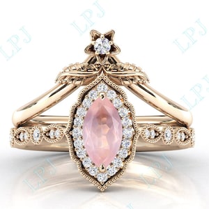 Marquise Cut Rose Quartz Engagement Ring For Women Set 14k Gold Rose Quartz Halo Women Wedding Ring Set Pink Gemstone Anniversary Ring Set