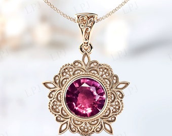 Rhodolite Garnet Pendant For Women Rose Gold Garnet Wedding Necklace Art Deco Filigree Style Pendant Red Gemstone Pendant Handmade Pendant