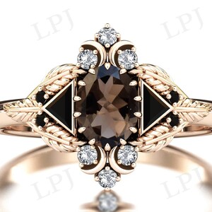 Vintage Smoky Quartz Moon Engagement Ring For Women Art Deco Bridal Anniversary Ring Vintage Leaf Style Wedding Ring Unique Promise Ring