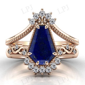 Vintage Coffin Shaped Lapis Lazuli Engagement Ring Set For Women Art Deco Lapis Lazuli Wedding Ring Set Unique Anniversary Gift For Women