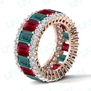 Unique Ruby & Emerald Wedding Band Emerald Cut Ruby Engagement Band Art Deco Multi Gemstone Band Full Eternity Bridal Band Anniversary Gift