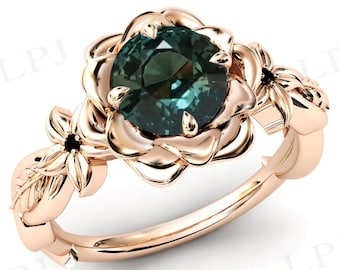 Color Changing Teal Sapphire Engagement Ring Vintage Lotus Wedding Ring Art Deco Teal Sapphire Bridal Ring Unique Floral Engagement Ring