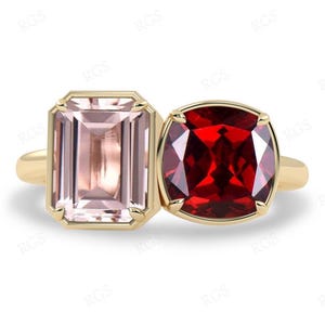Anello di fidanzamento con morganite naturale per donna, anello nuziale Art Déco con granato, anello unico con pietre preziose multiple, anello nuziale con morganite in oro rosa 14 carati