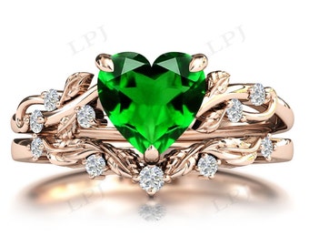 Chrome Diopside Engagement Ring Set For Women 14k Gold Chrome Diopside Leaf Wedding Ring Set Art Deco 2 Pce Ring Set Antique Bridal Ring Set