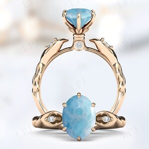 Antique Larimar Wedding Ring For Women 14k Rose Gold Larimar Bridal Ring Art Deco Engagement Ring Unique Wedding Ring Women Anniversary Ring